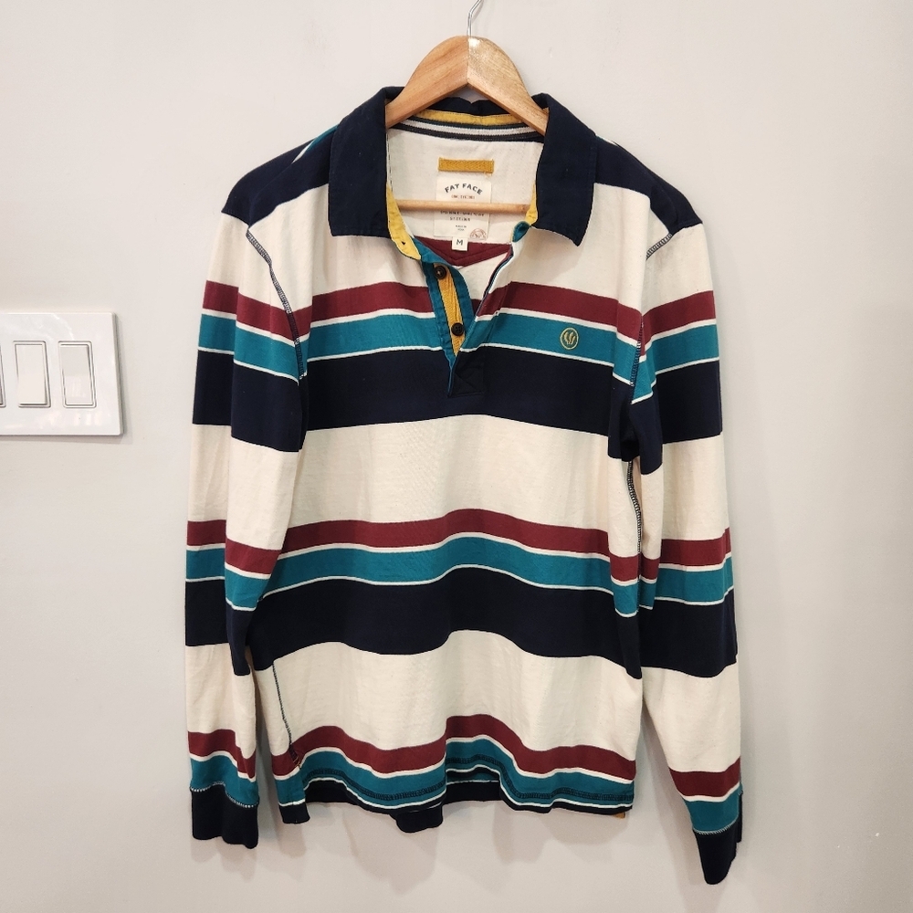 Fat Face Rugby Polo Shirt Mens M Long Sleeve Stripes Athlesuire Heavy Cotton
